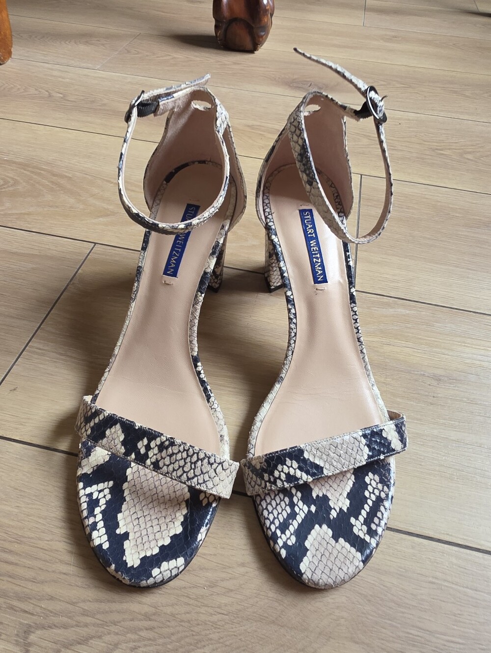 Stuart Weitzman Nearlynude Snake-print Block-heel Sandals Size 9